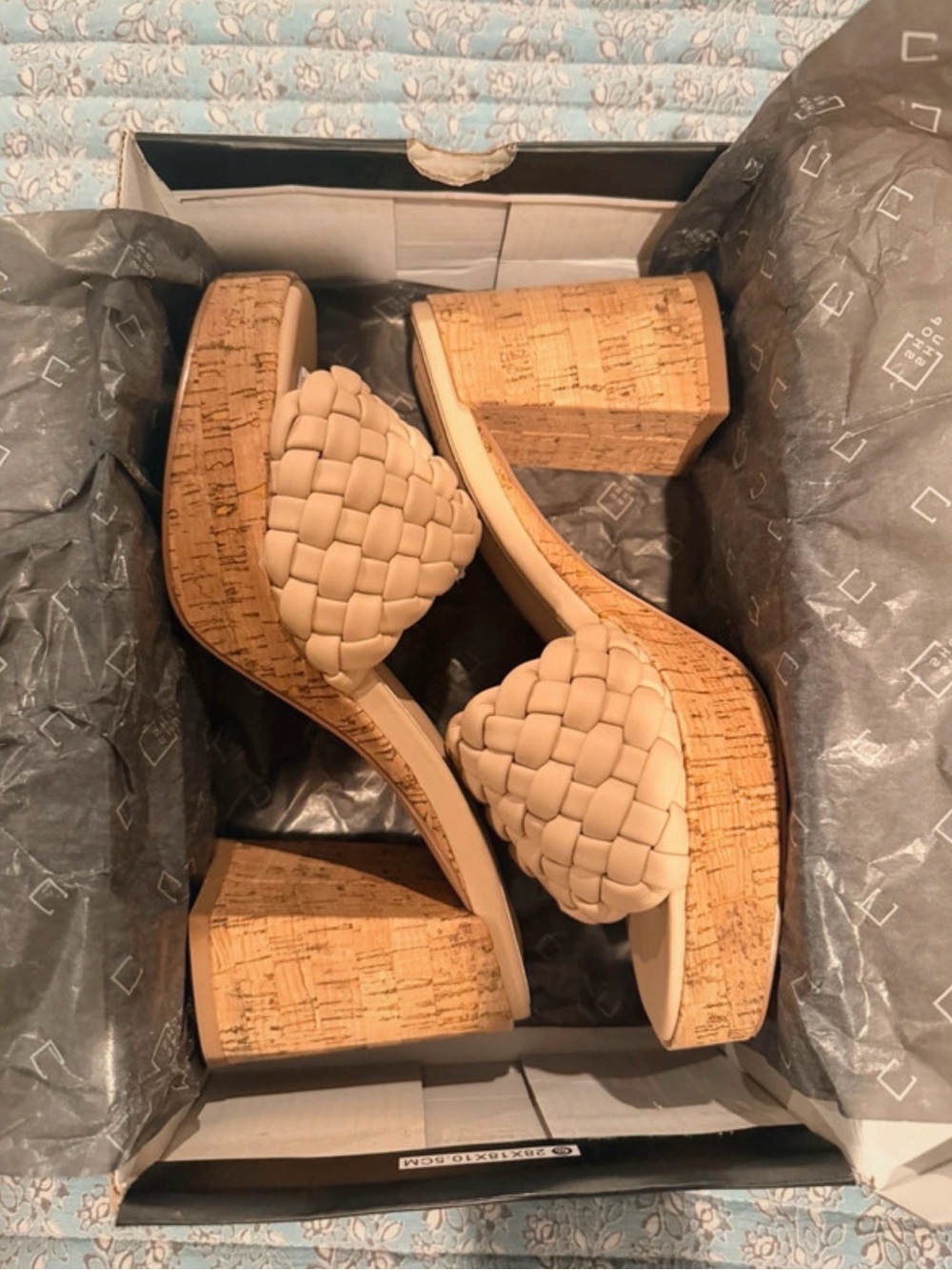 ShuShop Beige Woven Strap Cork Block Heel Sandals